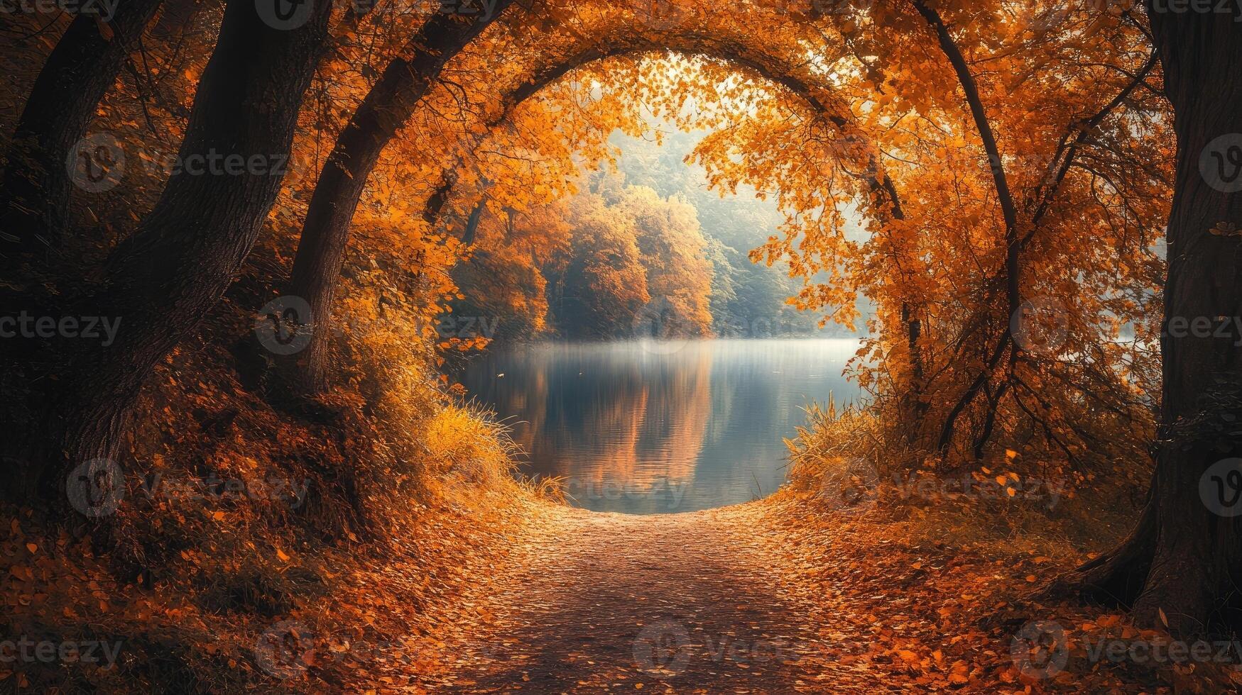 Pathway leading through golden forest to serene lake in autumn photo