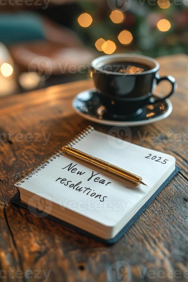 Writing new year resolutions in notebook with a cup of coffee on table photo