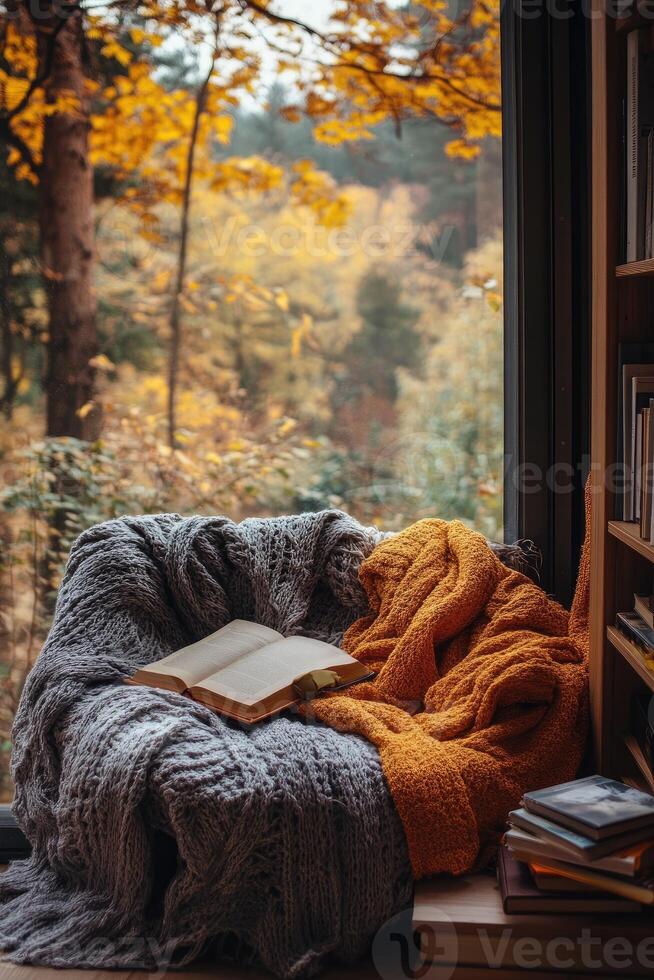 Open book resting on knitted blanket by window overlooking autumn forest photo