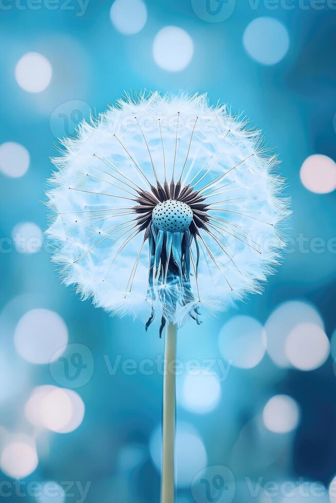 Single dandelion standing tall against blue bokeh background photo