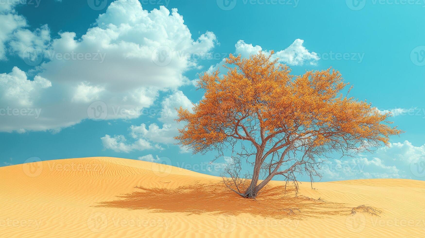 Lonely tree growing on sand dune under blue sky photo