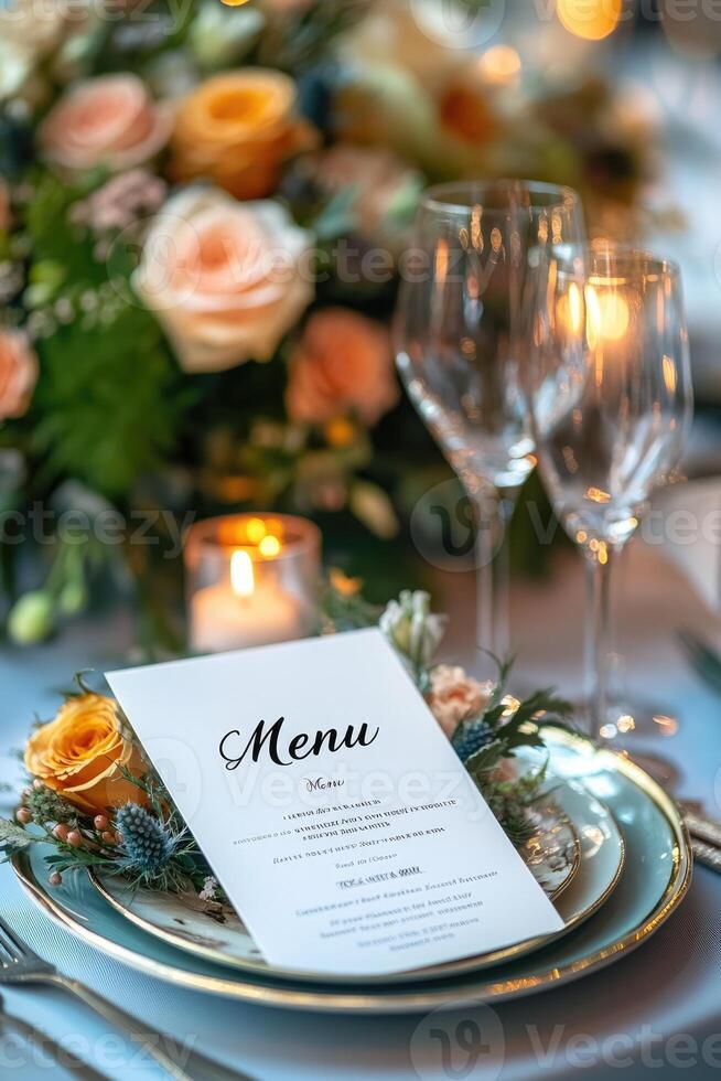 Elegant menu lying on plate at wedding reception with flower arrangement photo