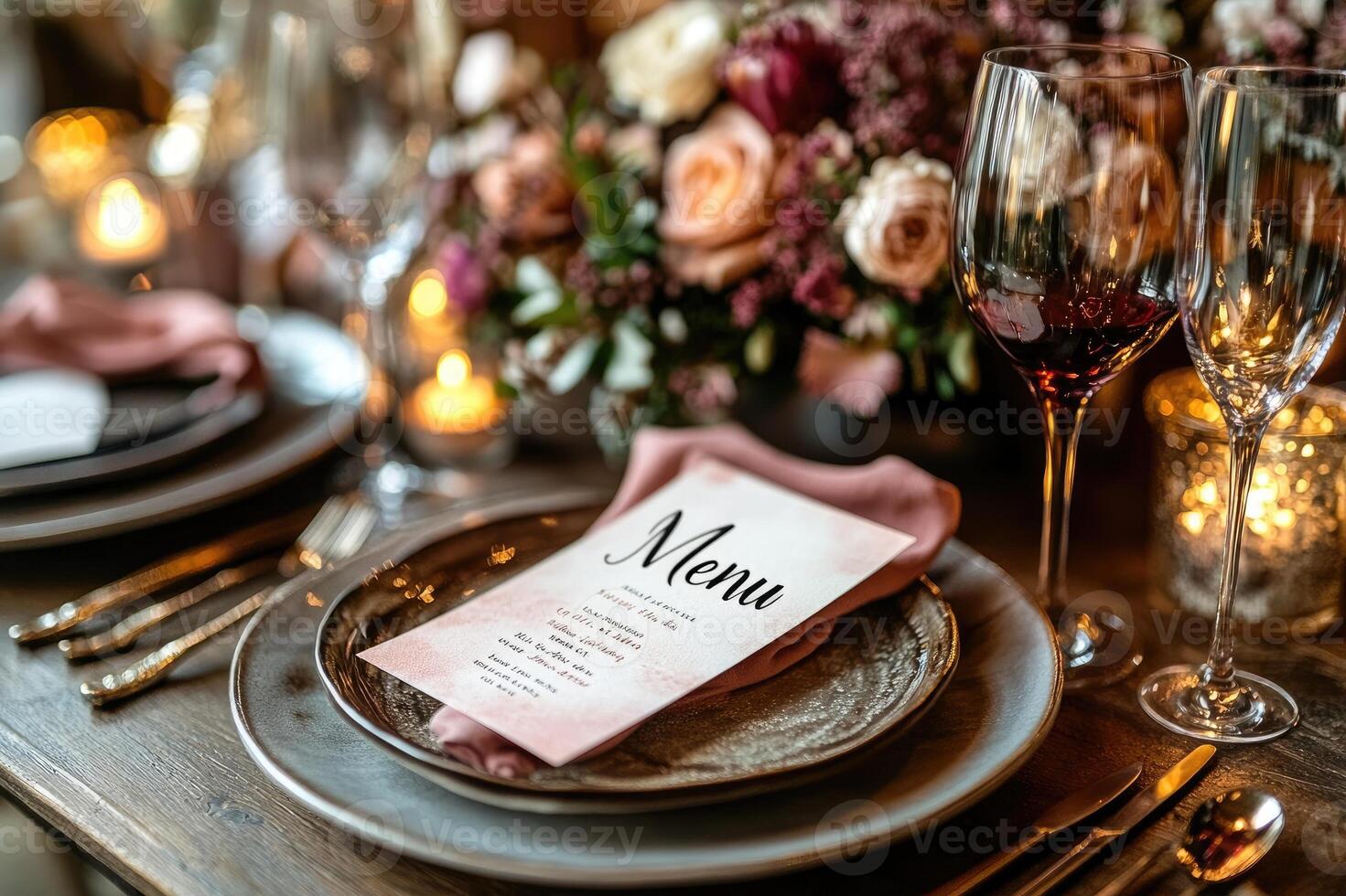 Elegant wedding reception table setting menu displayed on plate photo