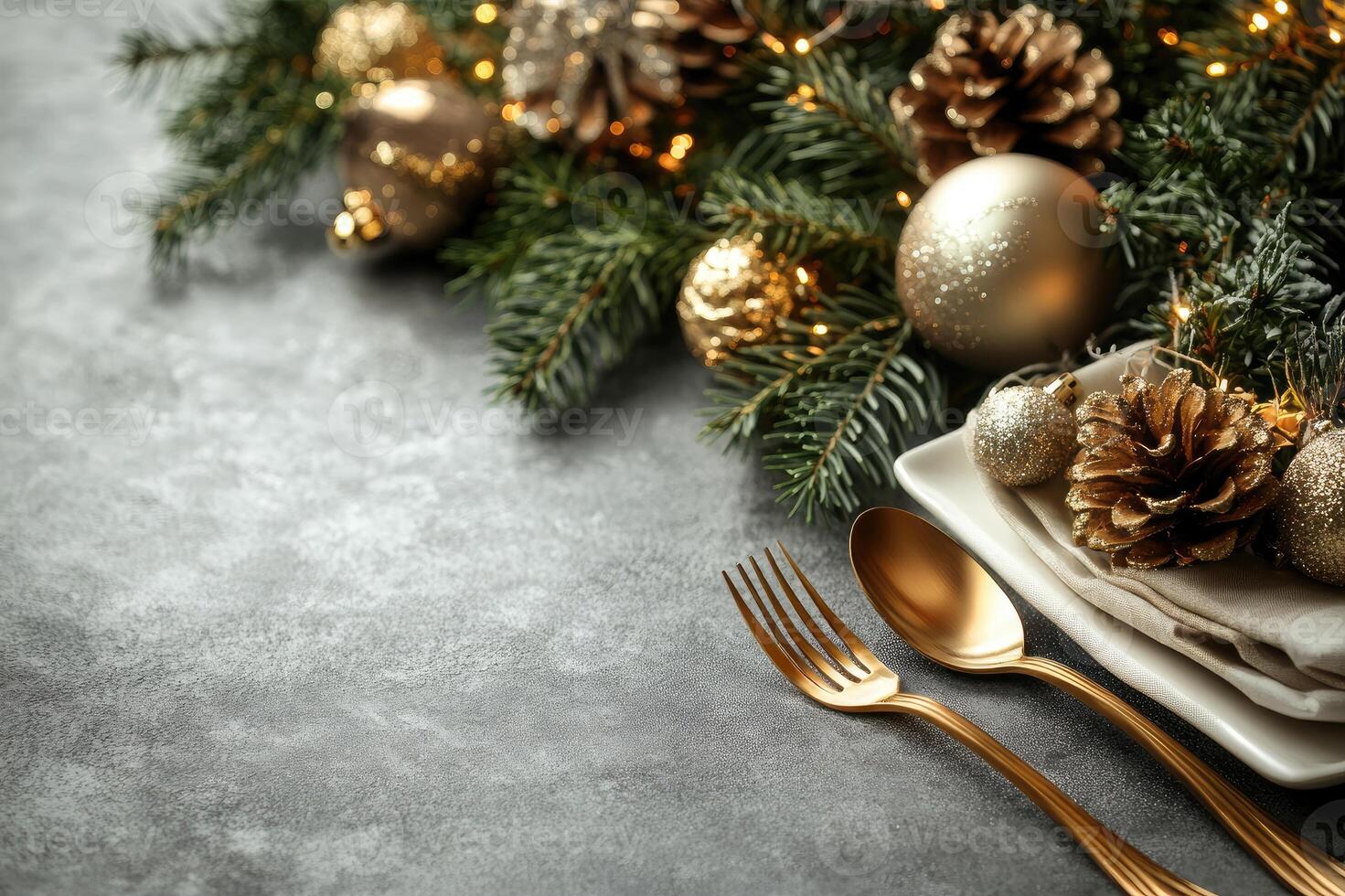 Elegant christmas table setting with golden cutlery and decorations photo
