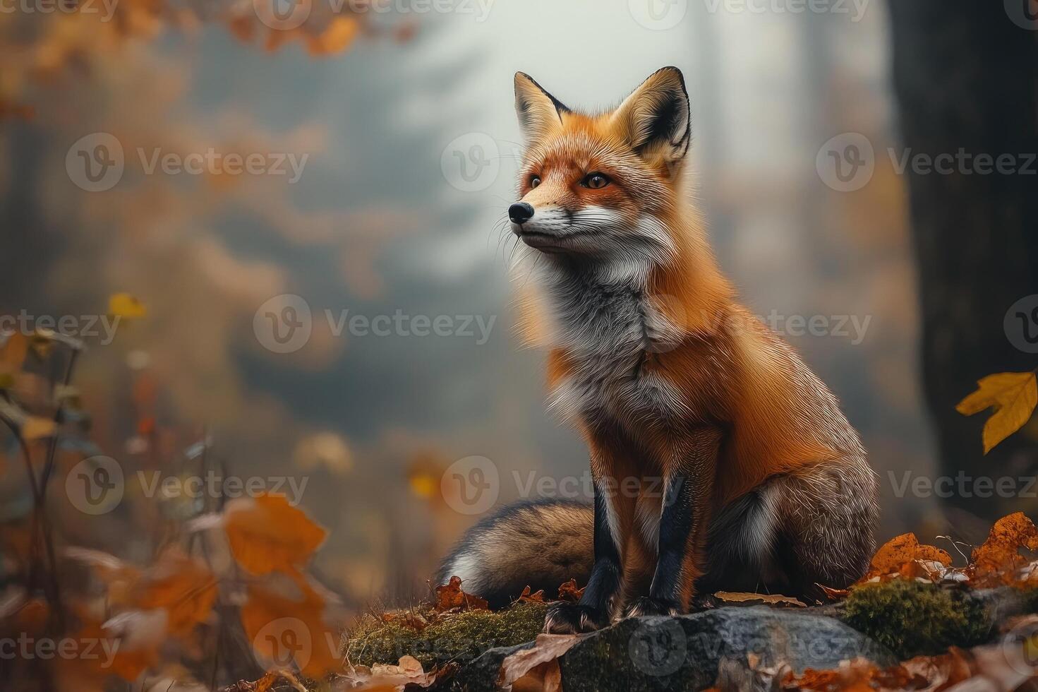 Red fox sitting in autumn leaves looking up intently photo