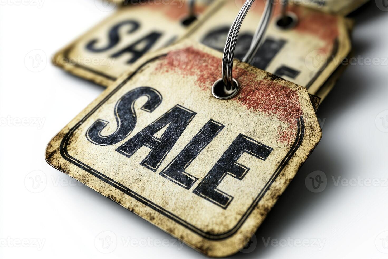 Group of worn sale tags hanging together on metal ring photo