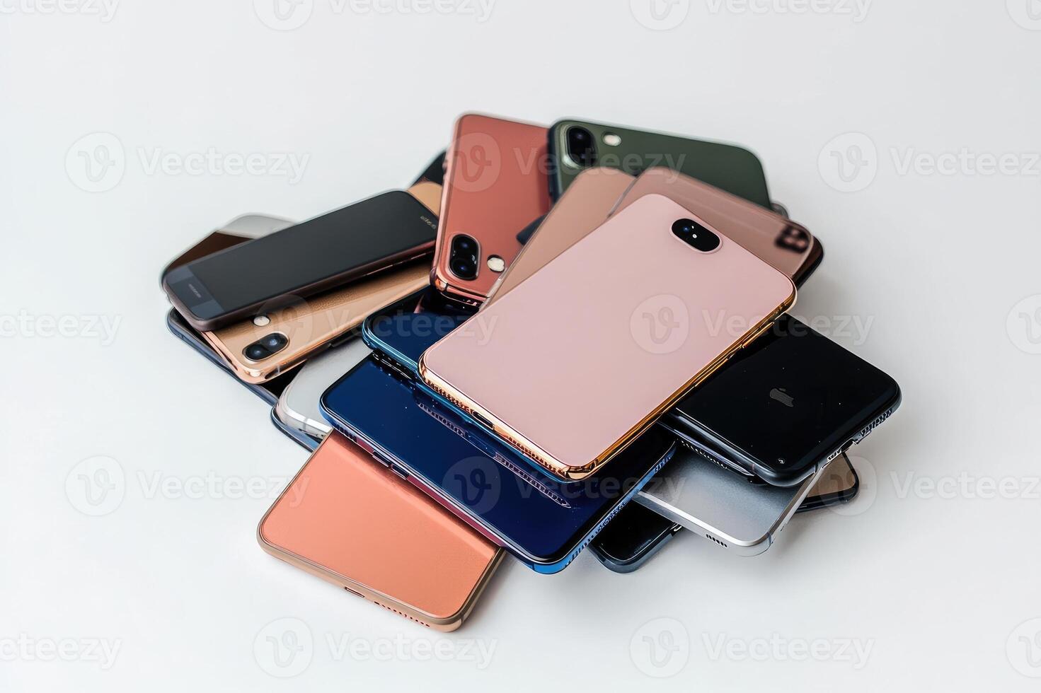Pile of mobile phones lying on a white table is reflecting light photo