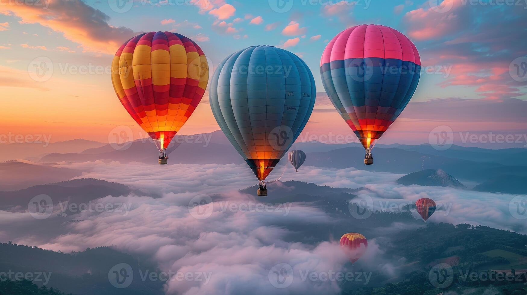 Colorful hot air balloons flying over the clouds at sunrise photo
