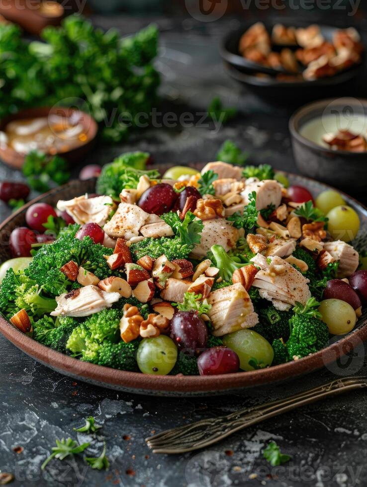 Healthy chicken salad with grapes, broccoli, nuts and mustard dressing photo