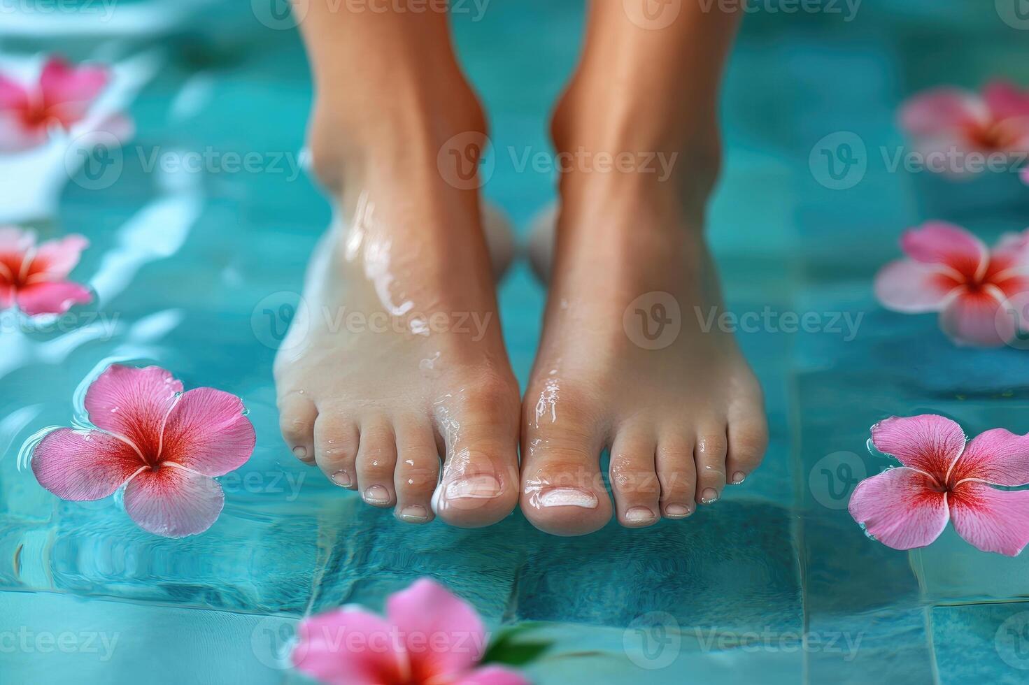 Woman relaxing having pedicure spa treatment with frangipani flowers photo