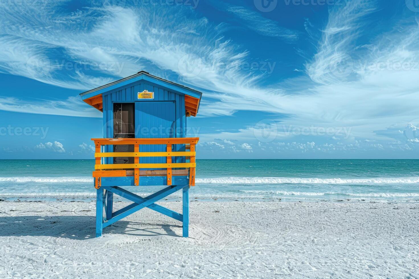 Colorful lifeguard tower standing on empty beach under blue sky photo
