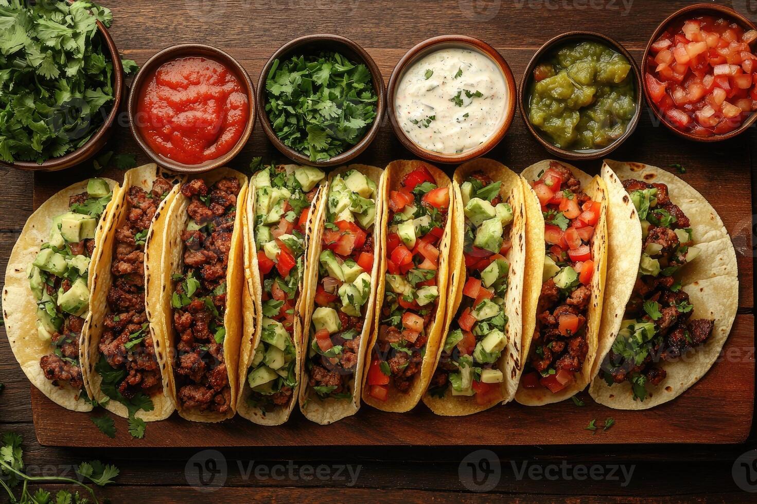 Delicious tacos lying on wooden board with various toppings photo
