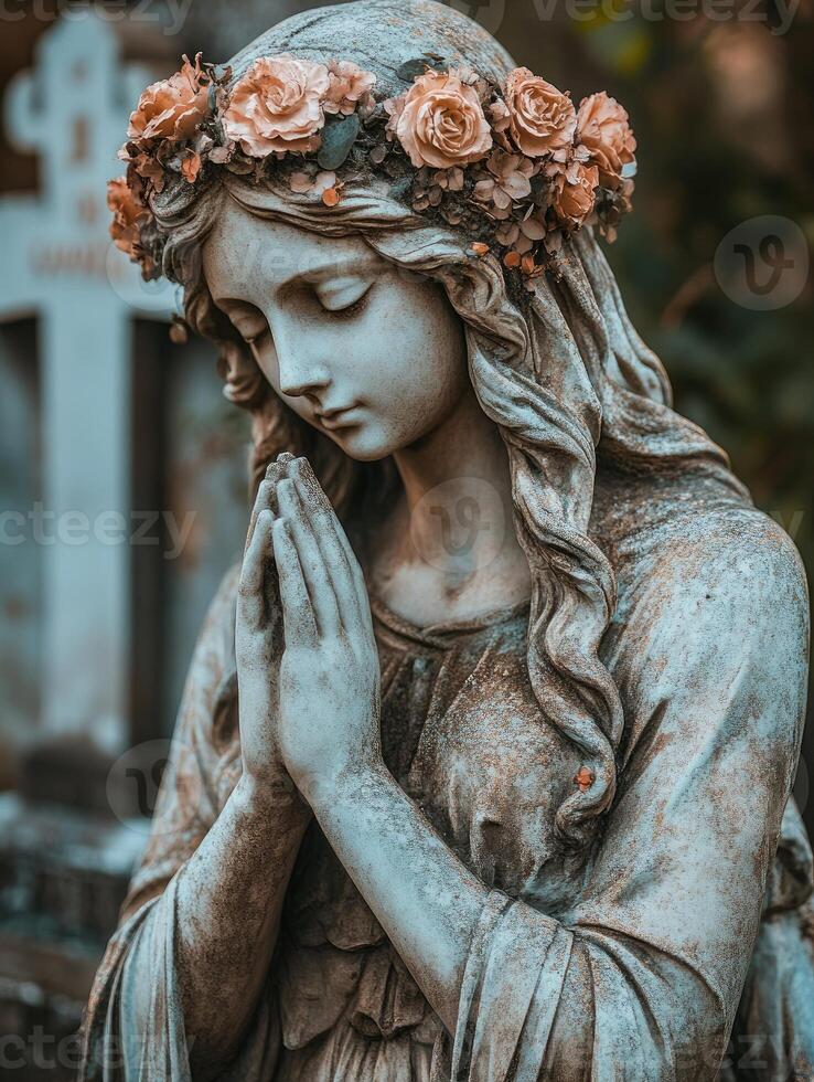 Ancient statue of a woman wearing a crown of flowers and praying photo
