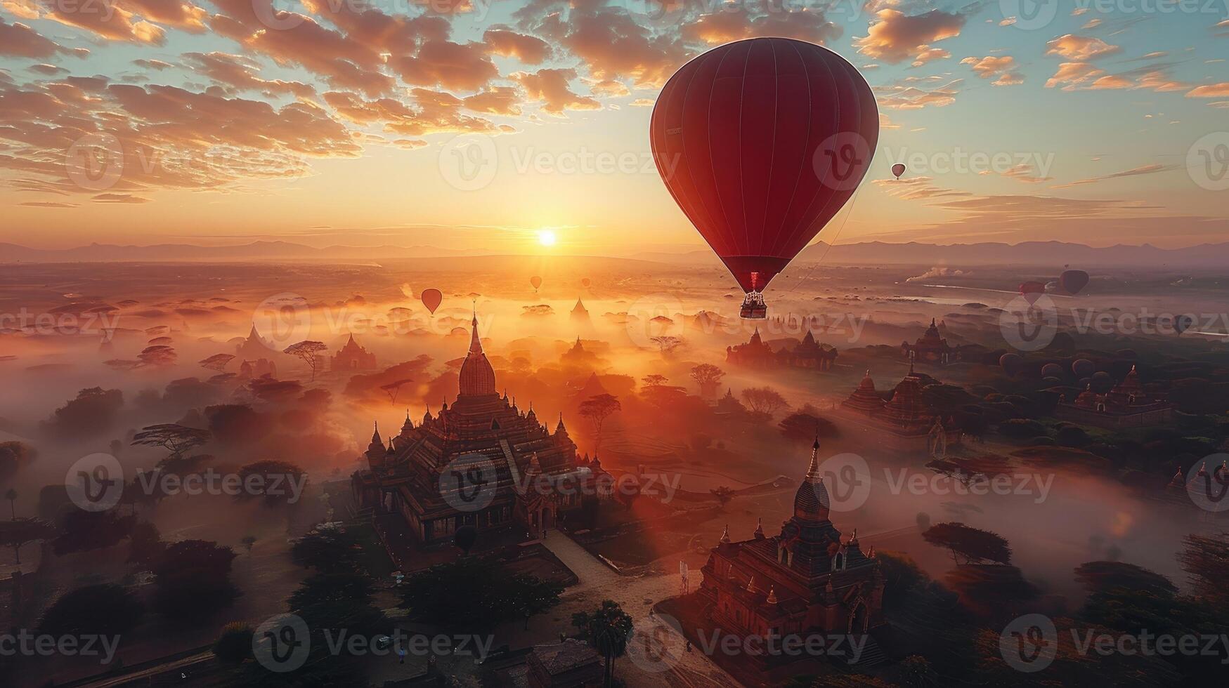 Hot air balloons flying over bagan temples at sunrise photo