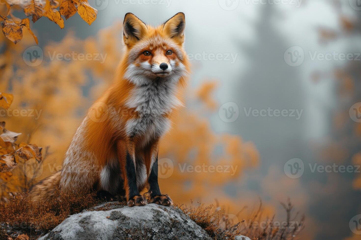 Red fox sitting on rock in autumn forest photo