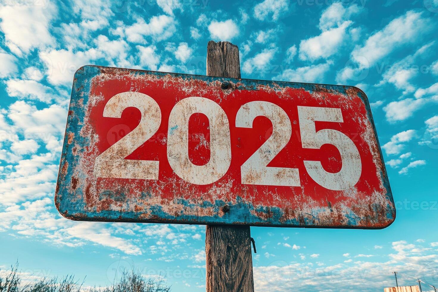 Rusty sign showing the year 2025 under a cloudy blue sky photo