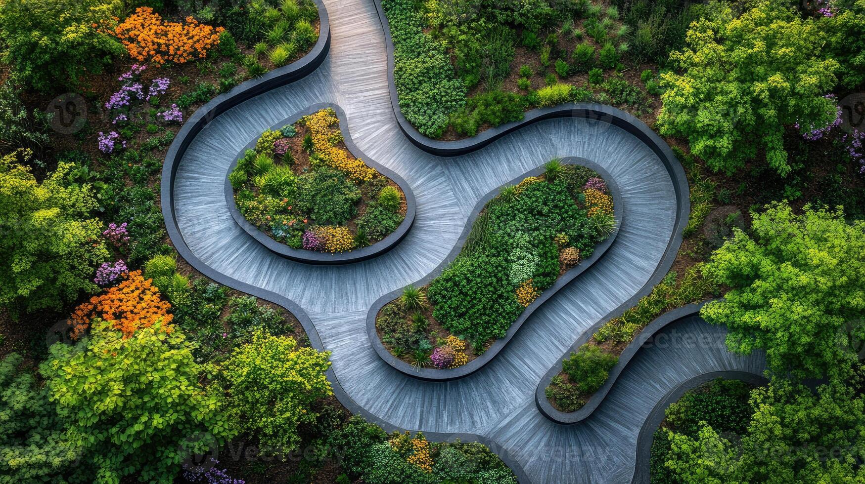 Winding elevated walkway through lush green garden landscaping photo