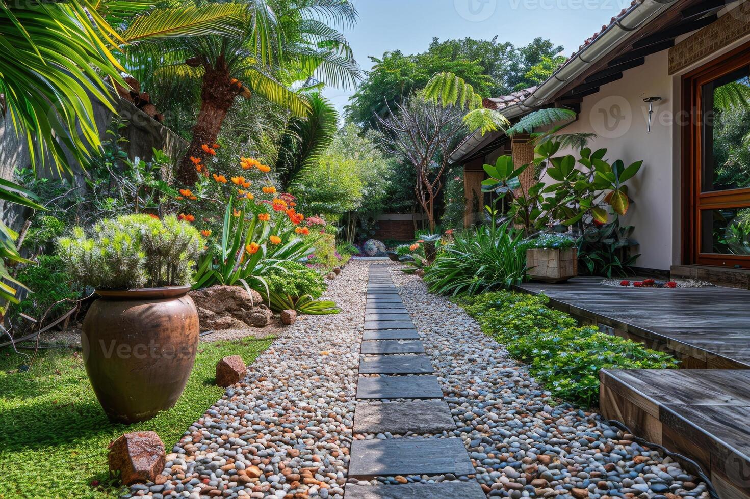 Stone garden path leading through lush tropical plants photo
