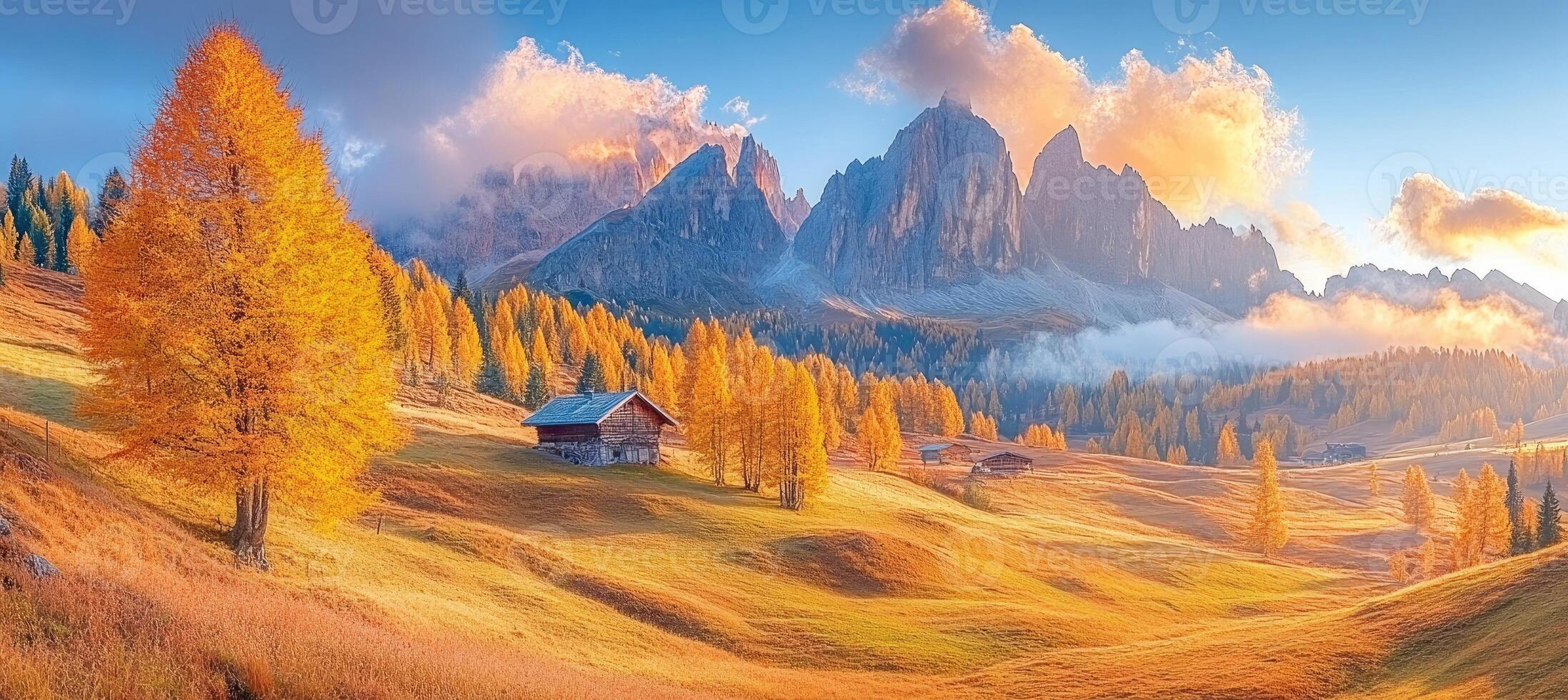 Winding path leading to secluded cabin in the italian dolomites photo
