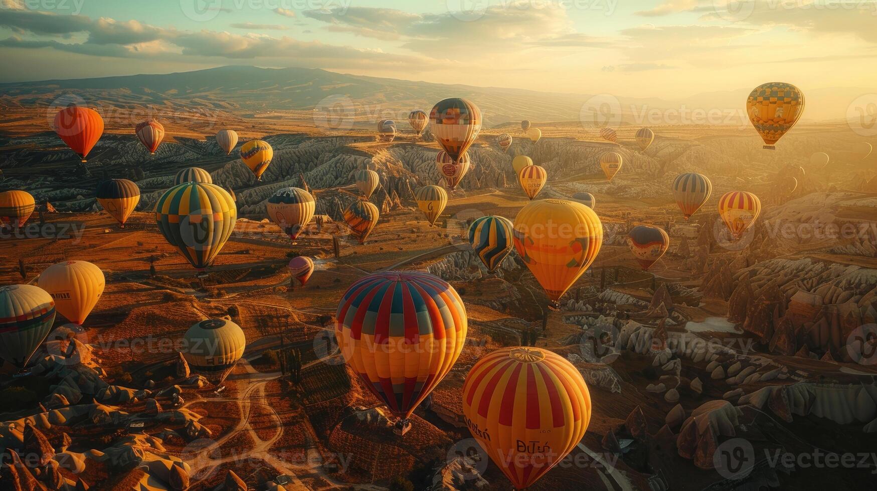 Hot air balloons floating over cappadocia at sunrise with golden light photo