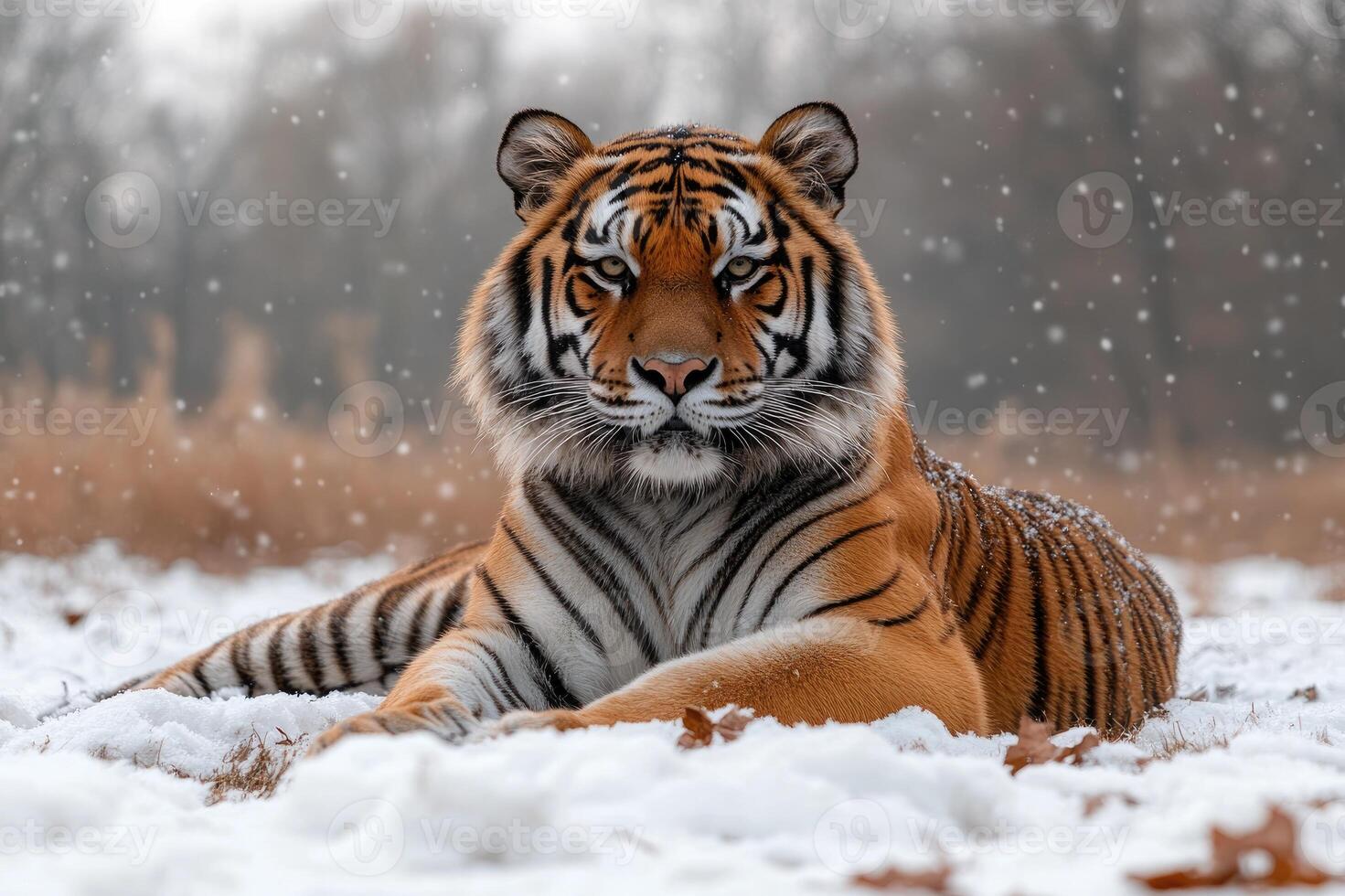 Siberian tiger relaxing on snow during snowfall photo