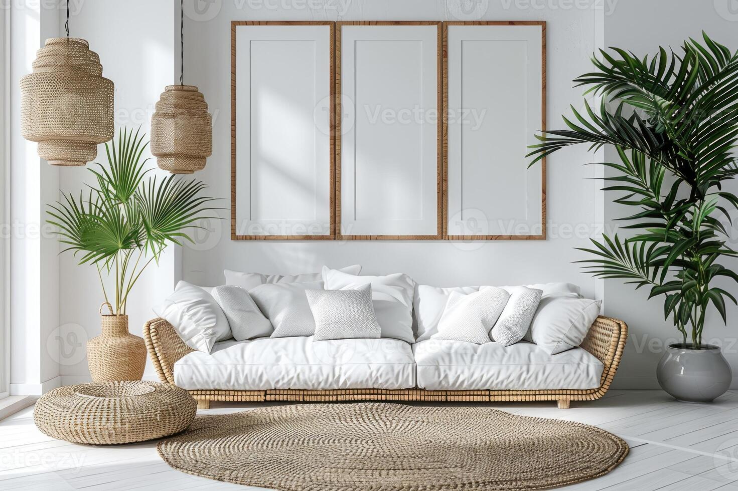 Modern interior design with rattan sofa and plants creating a cozy atmosphere photo
