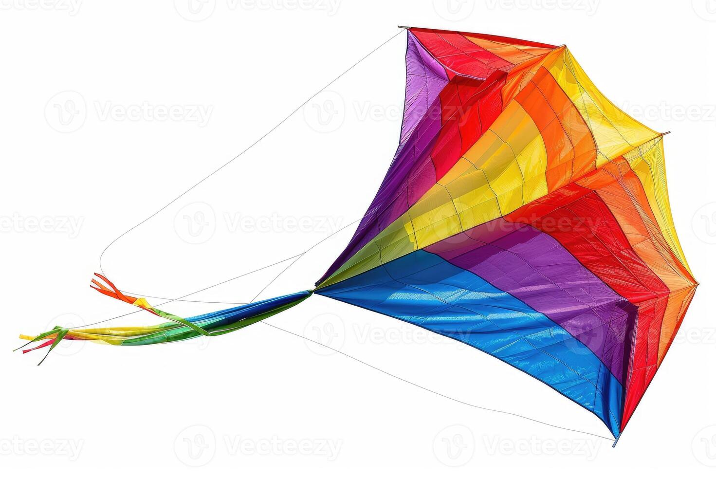 Large rainbow colored kite flying on a string photo