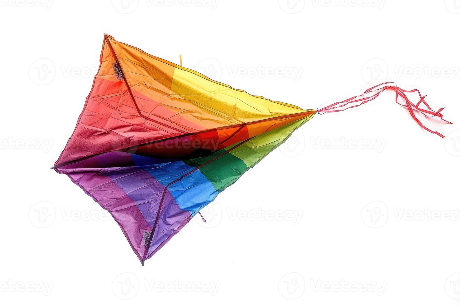 Large rainbow colored kite flying on a string photo