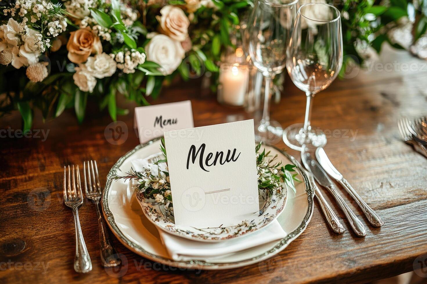 Elegant wedding reception table setting with menu and flowers photo