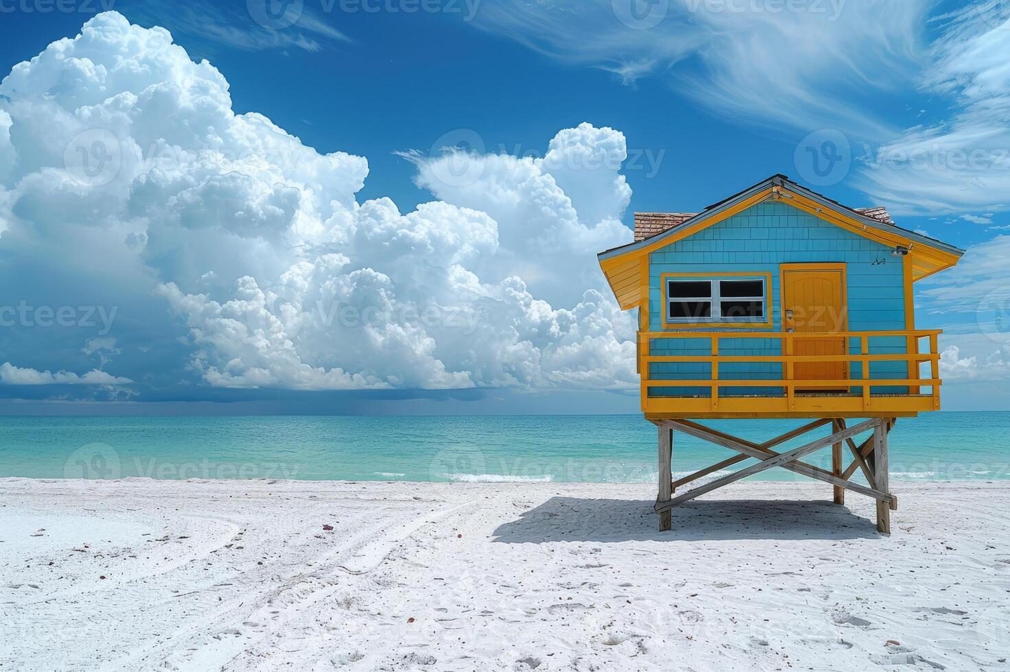 Colorful beach hut standing on white sand beach with dramatic cloudscape photo
