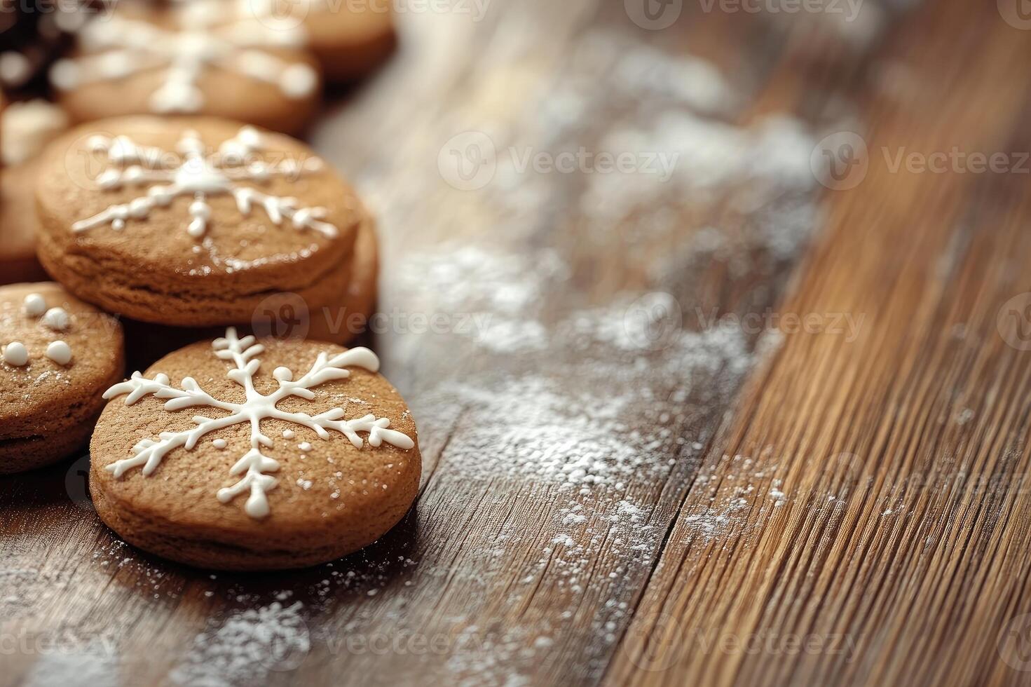 Christmas gingerbread cookies with sugar icing resting on wooden table photo