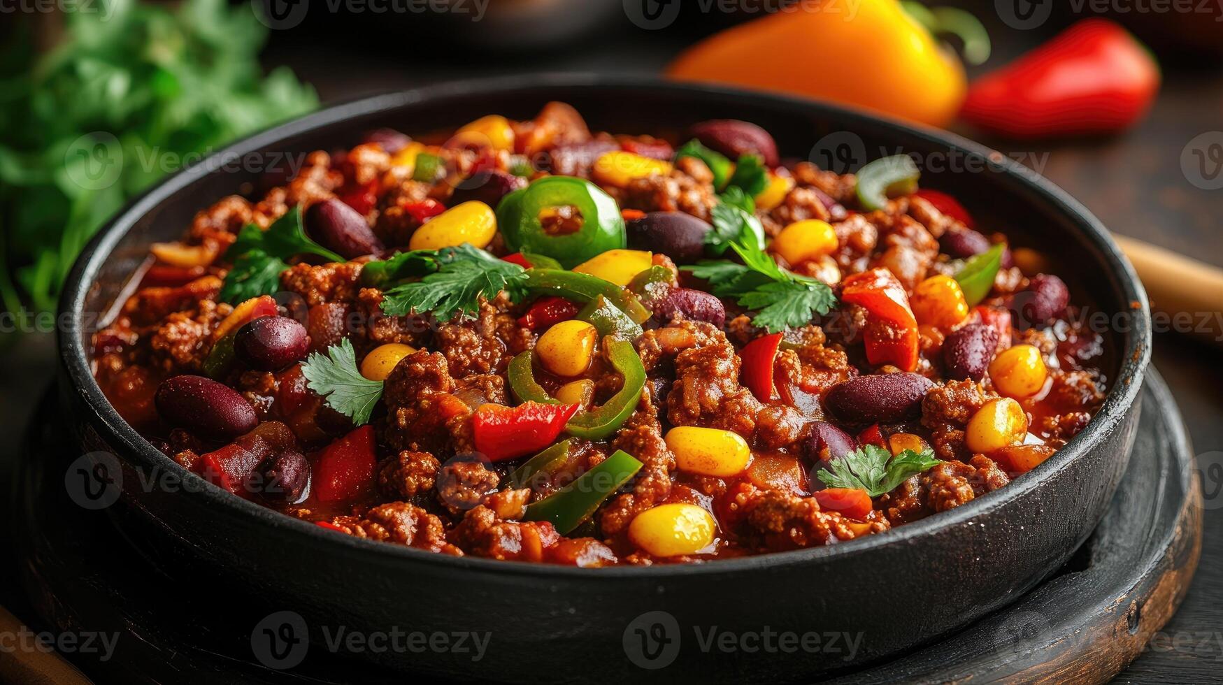 Delicious homemade chili con carne simmering in a cast iron pot photo