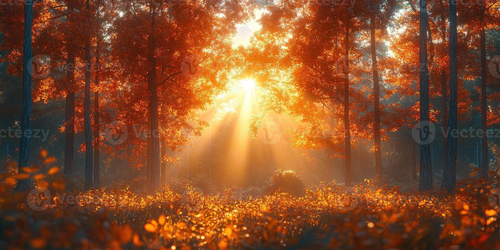 Sun shining through fog and trees in autumn forest landscape photo