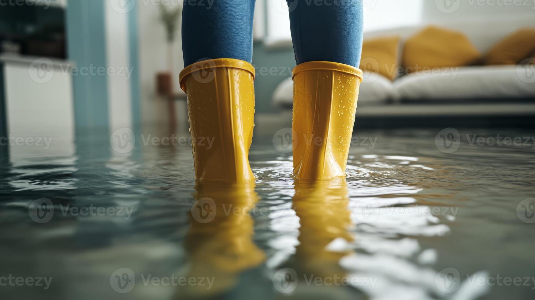 A solitary figure stands in a flooded room, wearing bright yellow rubber boots. In the background, a warm living space is visible but entirely submerged, creating a striking contrast photo