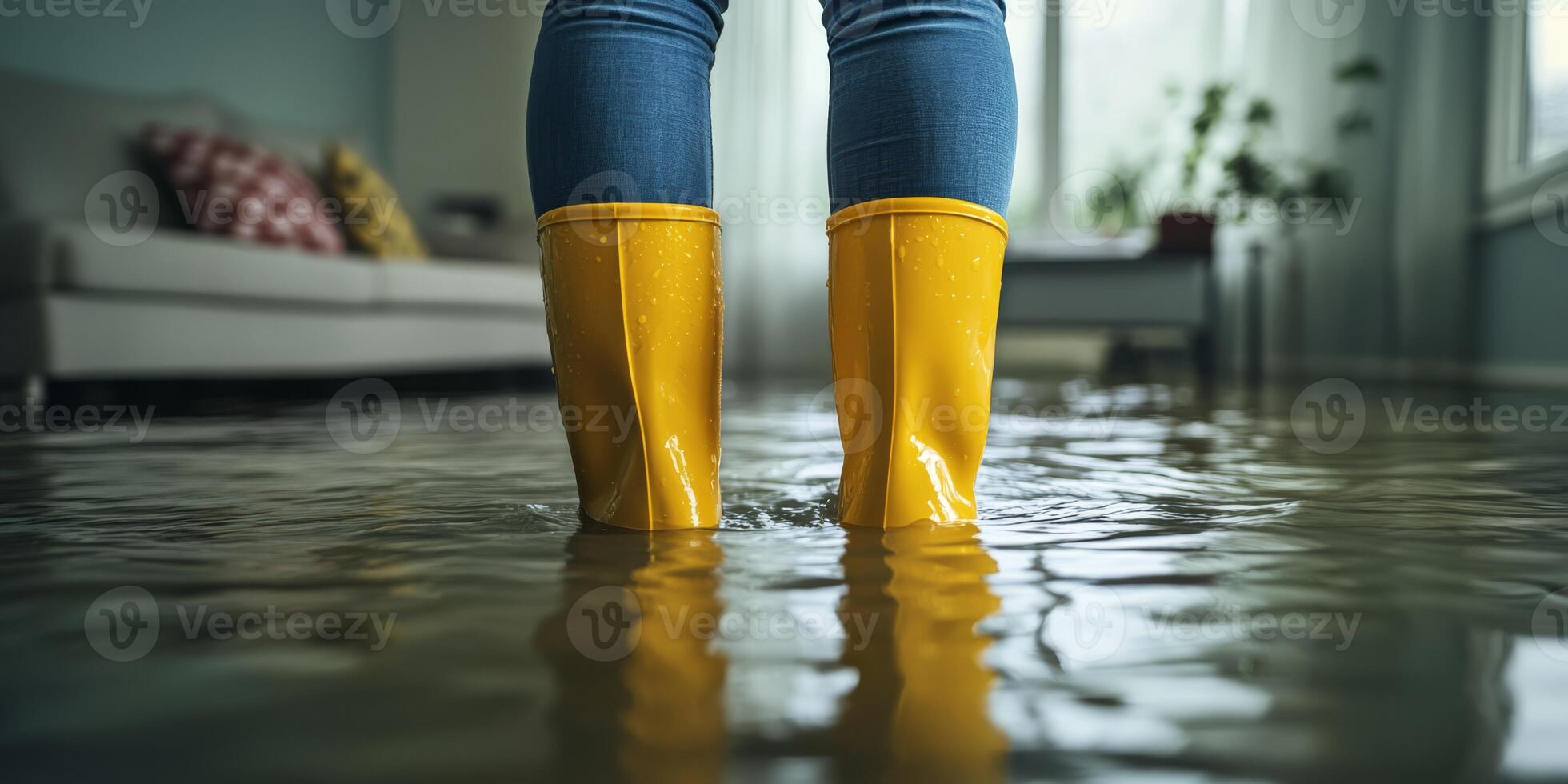 A person stands in a flooded room, donning bright yellow rubber boots, surrounded by rising water, which vividly showcases the profound and devastating effects of flooding occurring indoors photo