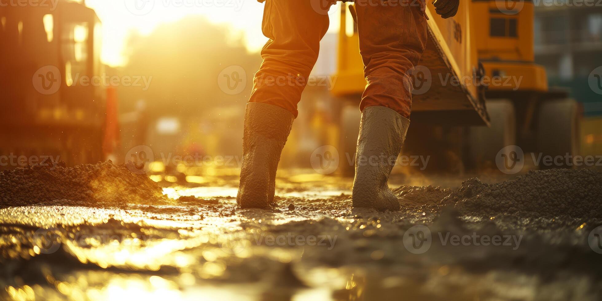 A construction worker walking through muddy terrain as the sun sets, showcasing hard work and dedication. photo
