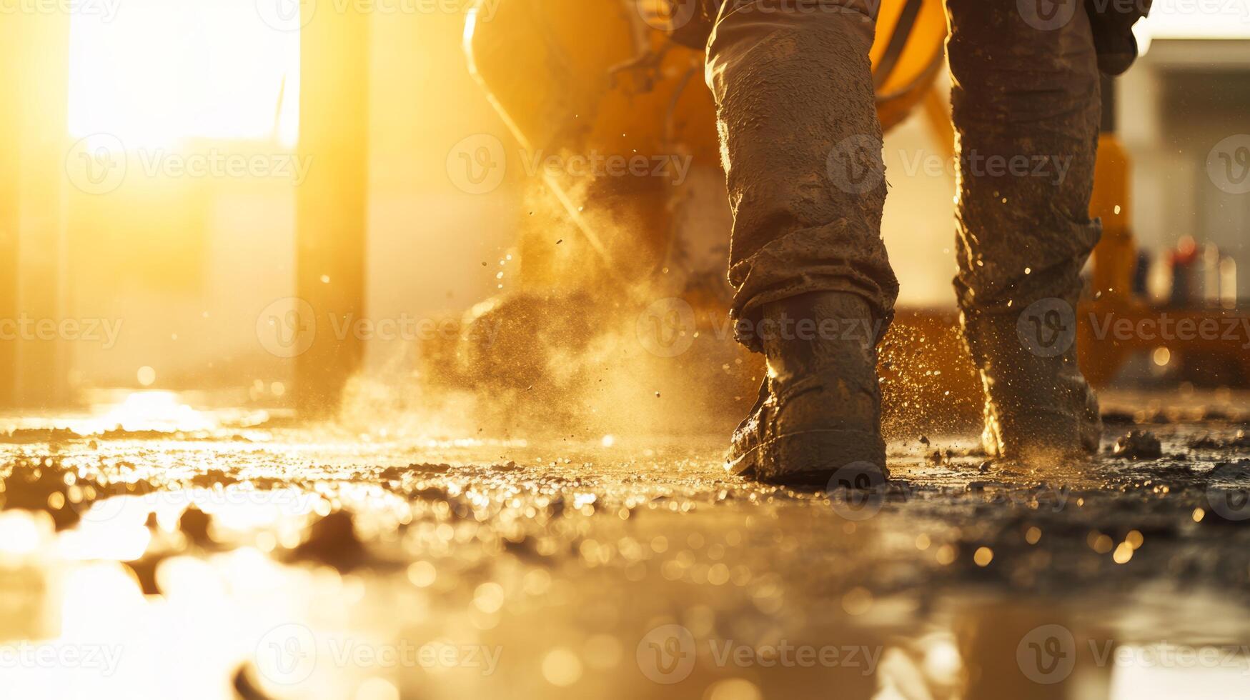 Workers sturdy boots leave their prints on the wet concrete underneath, with sunlight casting a dramatic effect photo