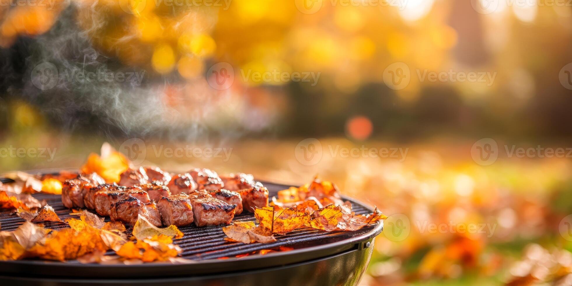 Host an unforgettable autumn BBQ event in your beautifully decorated backyard, savoring deliciously grilled meats while surrounded by vibrant fall leaves and enjoying a stunning sunset view photo