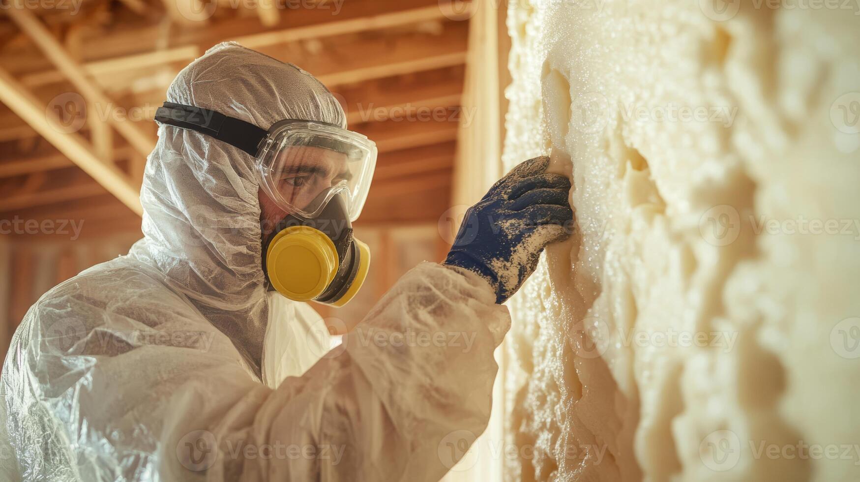 A professional builder in safety gear is applying foam insulation to the exterior walls of a newly built home, ensuring energy efficiency and protection against weather conditions photo