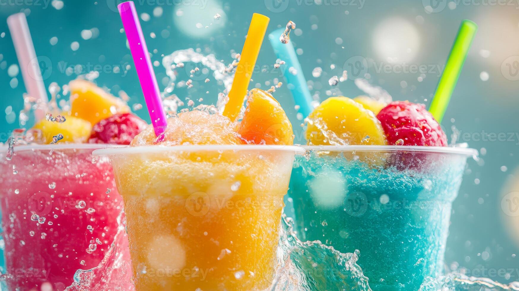 Indulge in refreshing slushies adorned with bright colors and vibrant splashes, perfect for summer vibes and fun photo