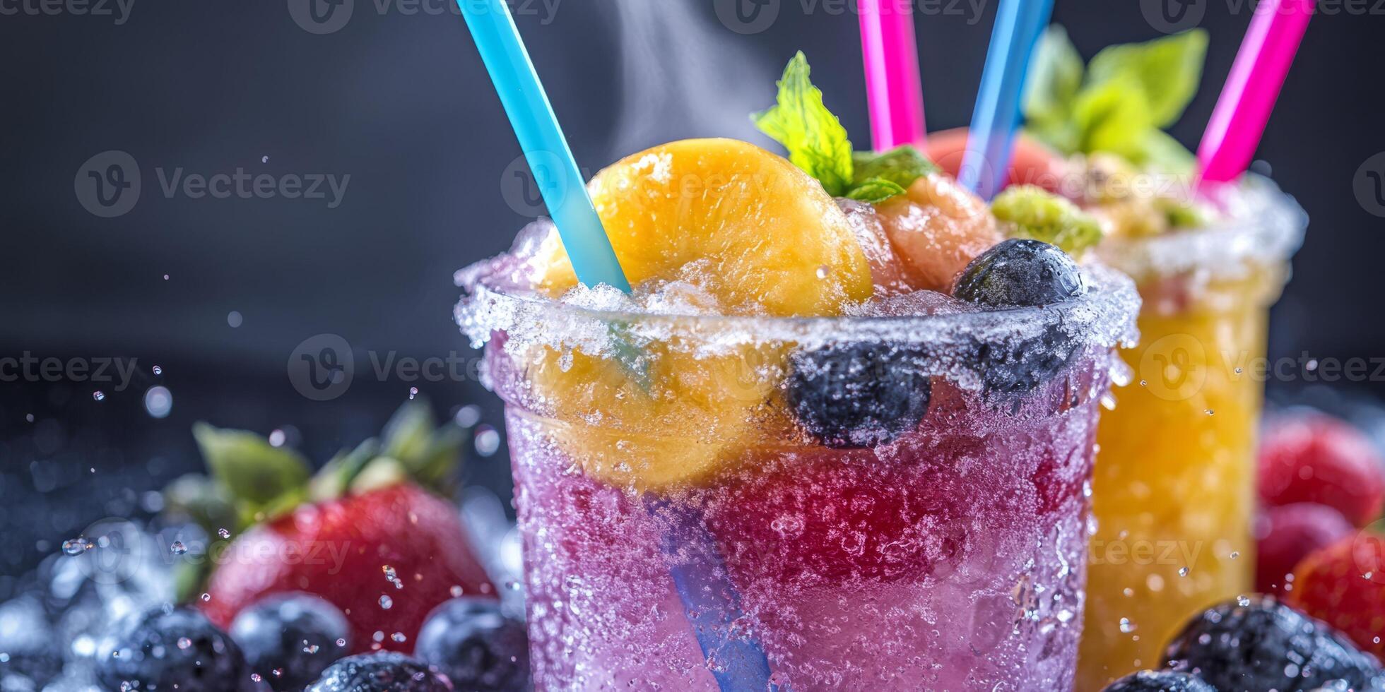 Enjoy colorful fruit cocktails with fizzy bubbles and straws, perfect for summer parties and gatherings photo