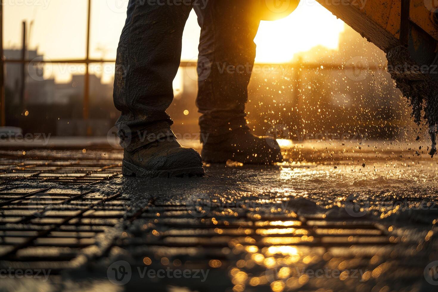 Laborers are expertly pouring wet concrete at a bustling construction site during a stunning sunset view photo