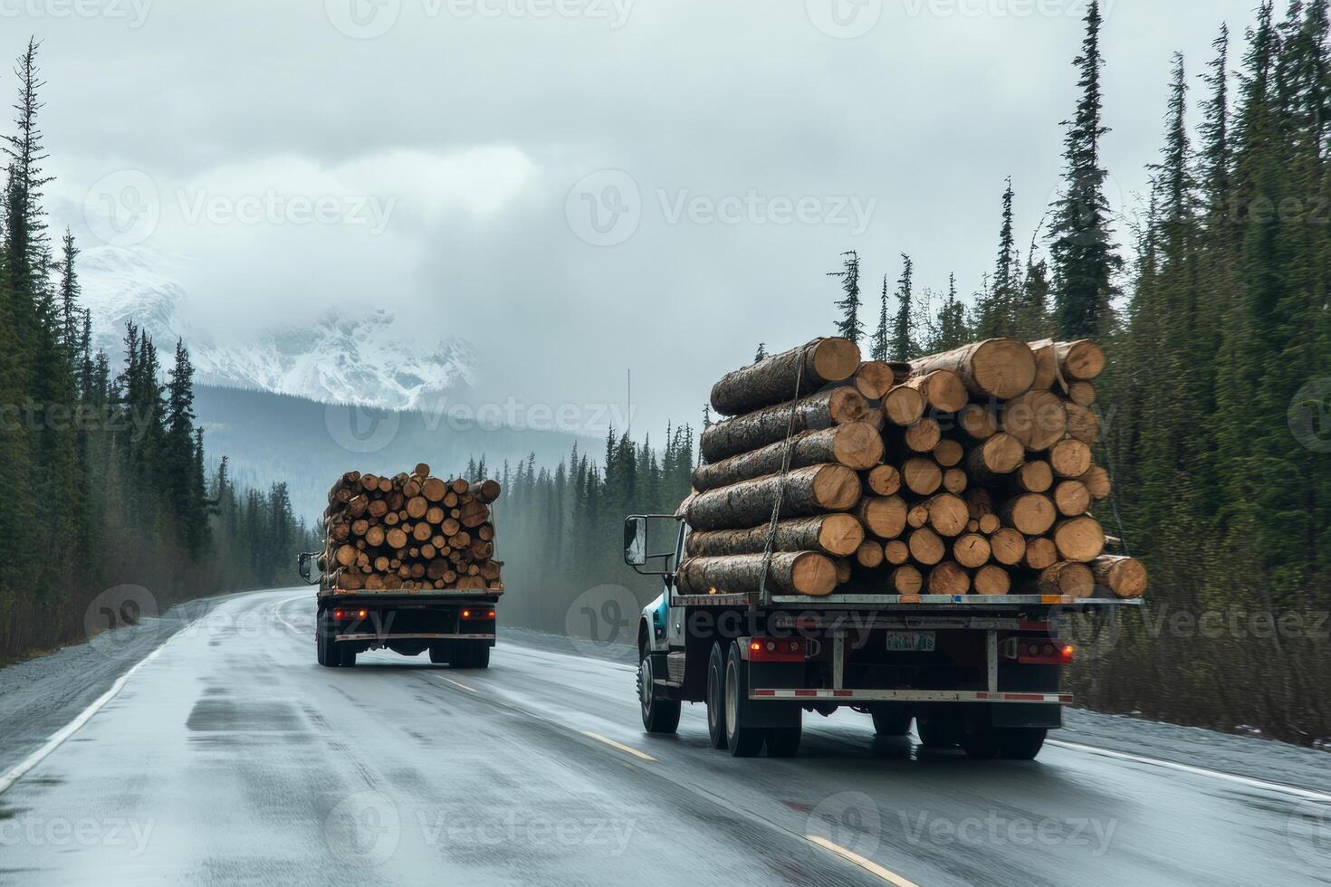 Two large logging trucks carefully make their way down a challenging muddy road, transporting freshly cut timber logs while being surrounded by the beautiful and lush scenery of a vibrant forest photo