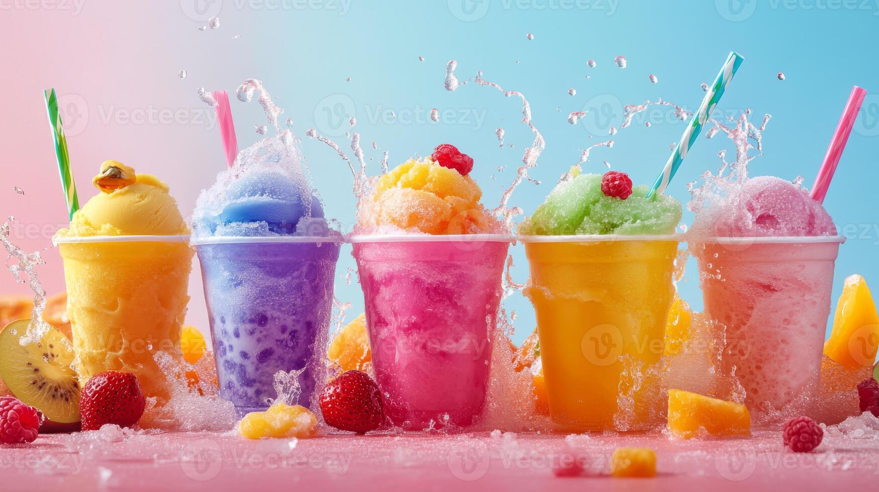 This vibrant and colorful display showcases a variety of fruity ice creams along with an assortment of refreshing drinks, together creating a perfect and delightful summer treat for warm, sunny days photo
