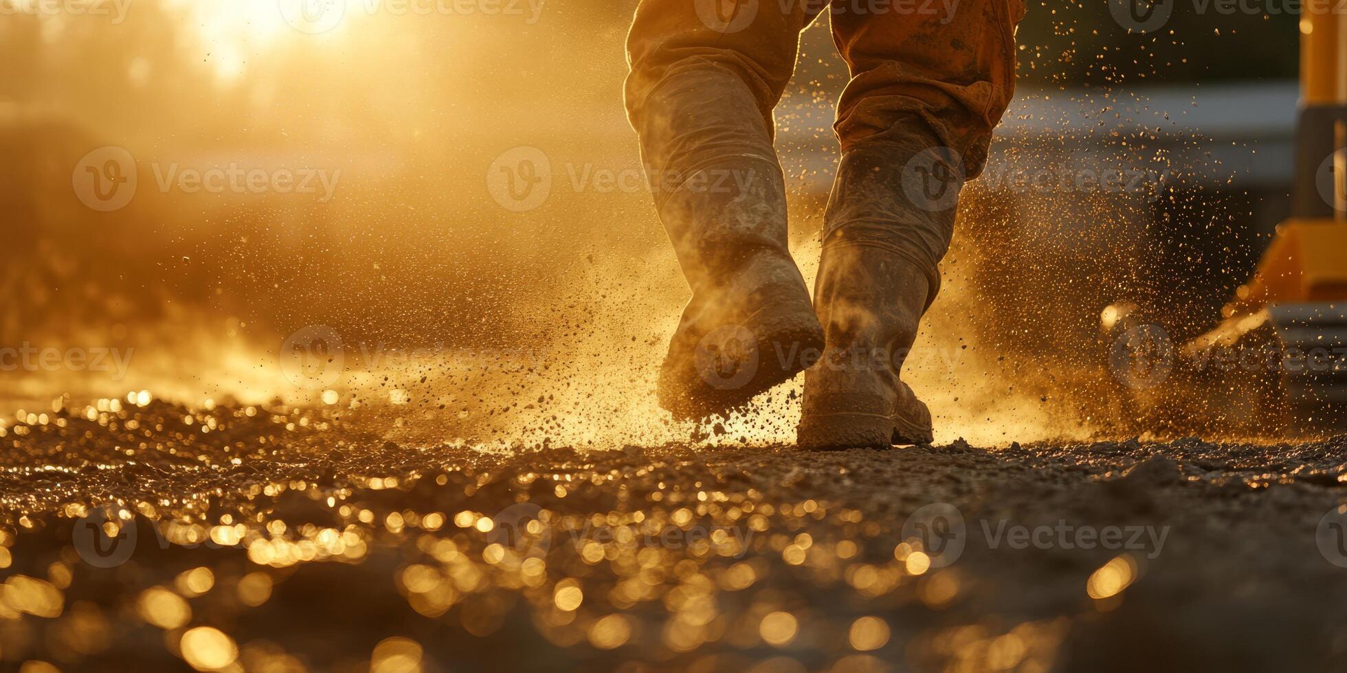 A silhouette of sturdy work boots on a gravel path at sunset, highlighting labor and natures beauty photo