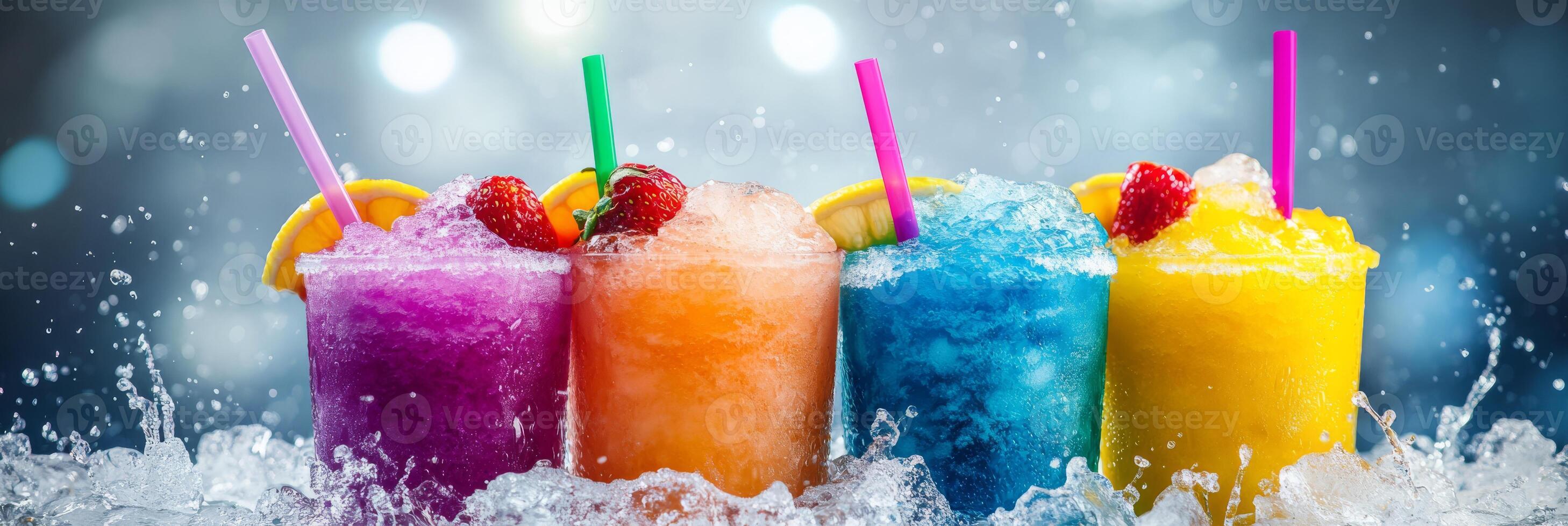 A vibrant and enticing display of colorful slushy beverages that are perfect for enjoyable summer days by the pool photo
