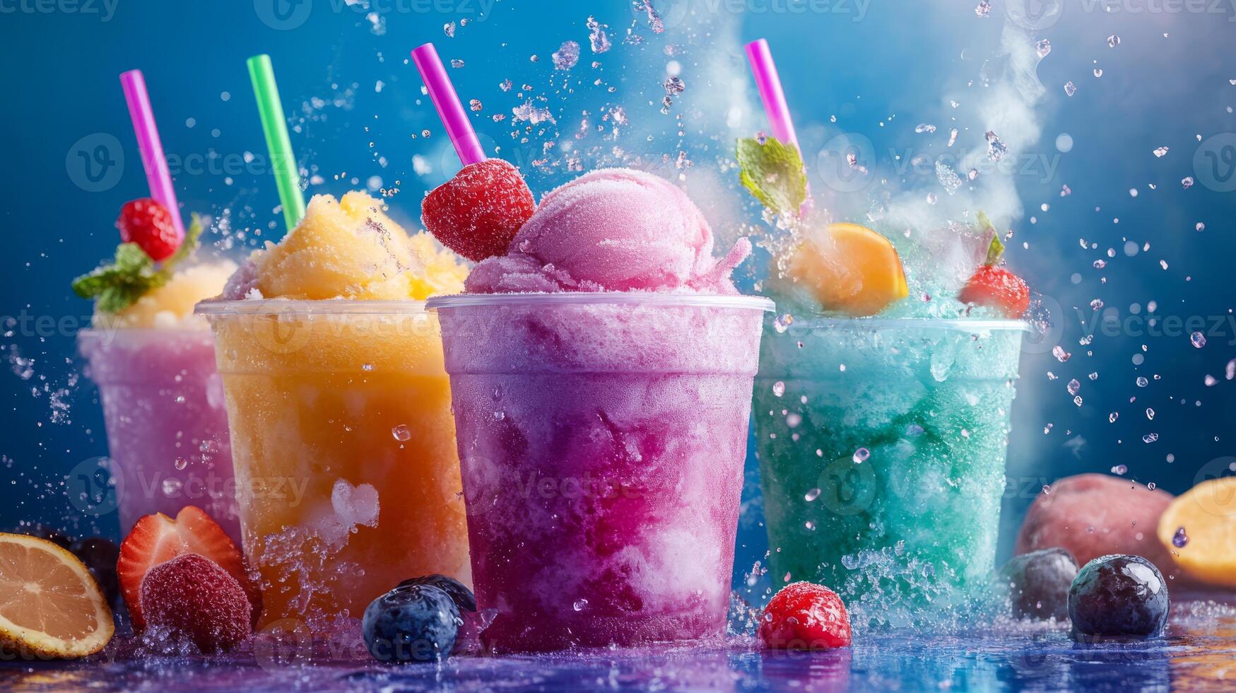 Indulge in a variety of mouthwatering, fruitbased slushies and creamy ice creams that are beautifully served in colorful cups, making them the perfect refreshing treat for any warm day photo