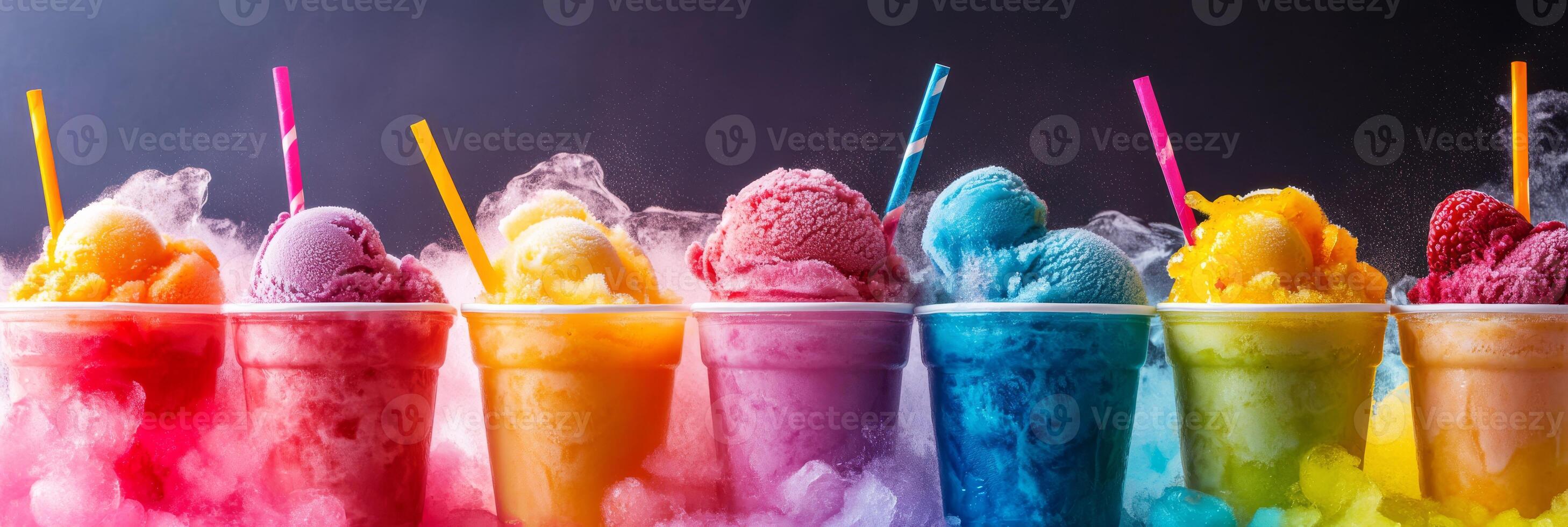 The scene showcases vibrant vegan ice cream cups with refreshing flavors, artistically arranged against a dynamic backdrop emphasizing ecological awareness and sustainability in the community photo