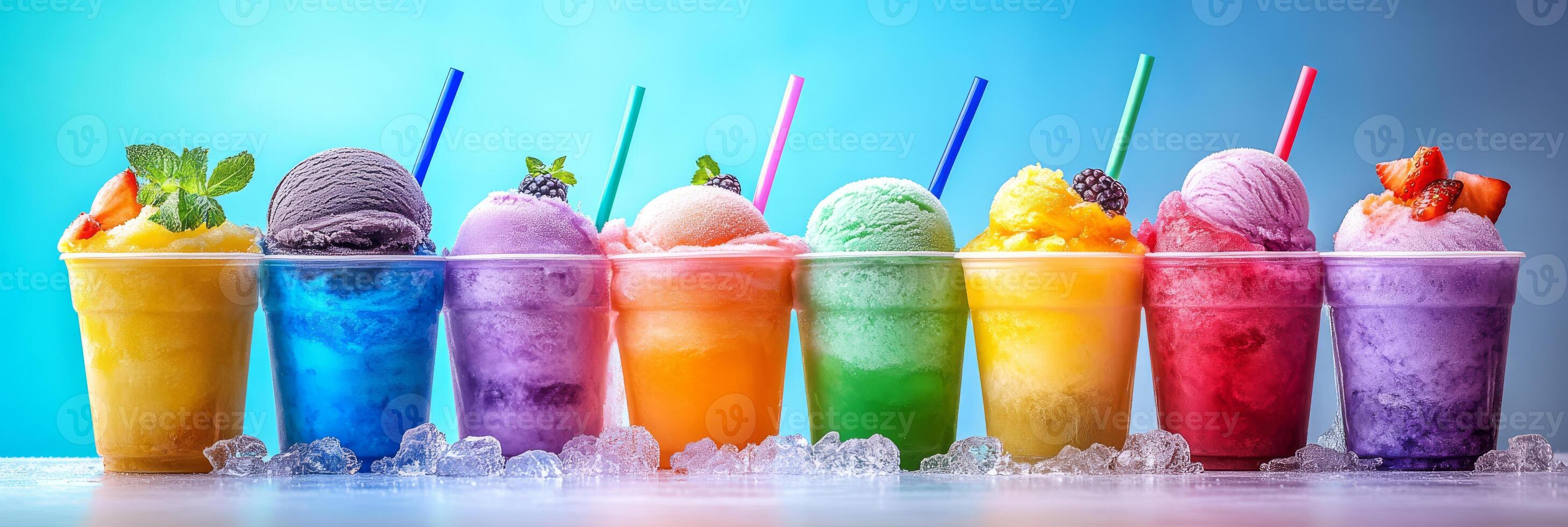 Enjoy vibrant ice cream cocktails in colorful cups, featuring varied flavors and delightful toppings. They are the perfect refreshing treat for summers hot days, ideal for a sweet escape photo