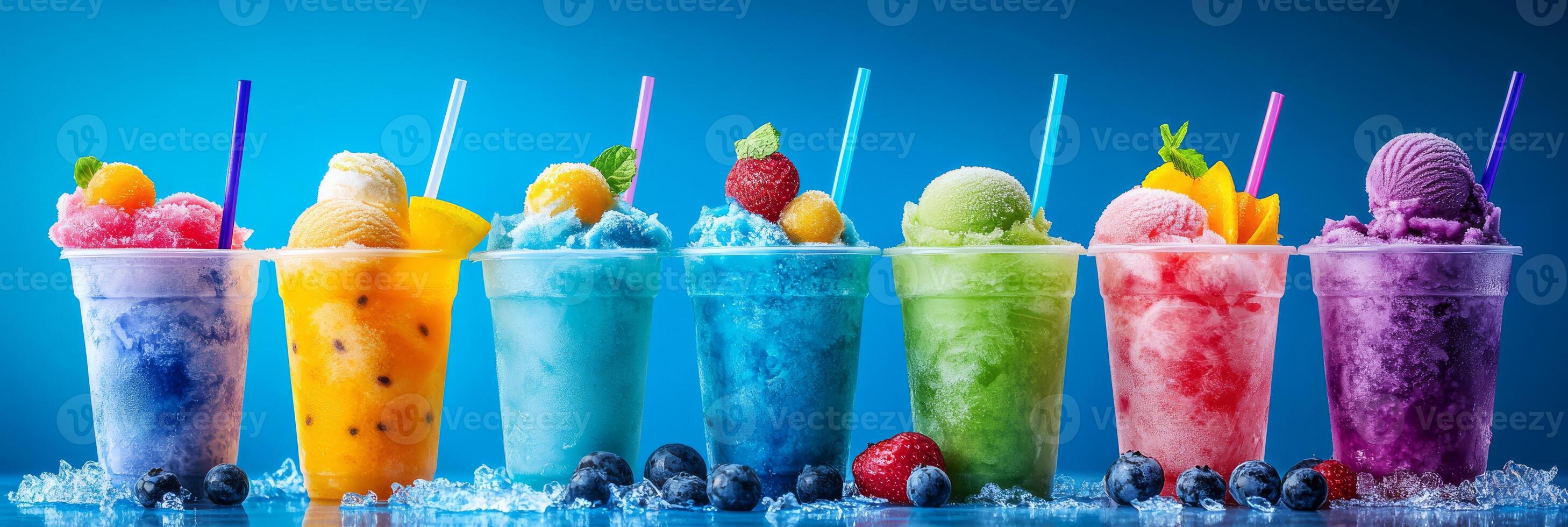 An exquisite and vibrant array of fruity ice cream cocktails served in colorful cups, the perfect choice for a refreshing treat and indulgence on warm days. An ideal delight for summer enjoyment photo